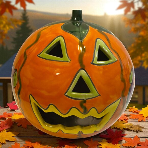 JACK O'LANTERN CANDLE HOLDER -- Talavera-Style, Ceramic, Halloween Pumpkin Décor - Picture 1 of 7